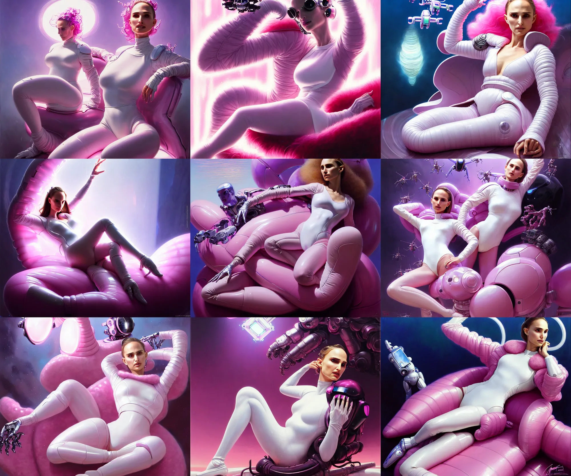 Prompt: beautiful fantasy character portrait, natalie portman, wearing oversized pink puffy bomber jacket and white leotard, seductive reclining pose, futuristic chrome drones, ultra realistic, dramatic lighting, robots, the fifth element artifacts, highly detailed by peter mohrbacher, hajime sorayama, wayne barlowe, boris vallejo, aaron horkey, gaston bussiere, craig mullins