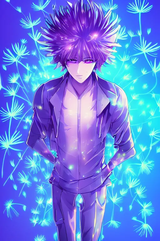 Image similar to cyan glowing luminescent dandelion male anime character, symmetrical, highly detailed, digital art, sharp focus, trending on art station, purple eyes, beautiful colours