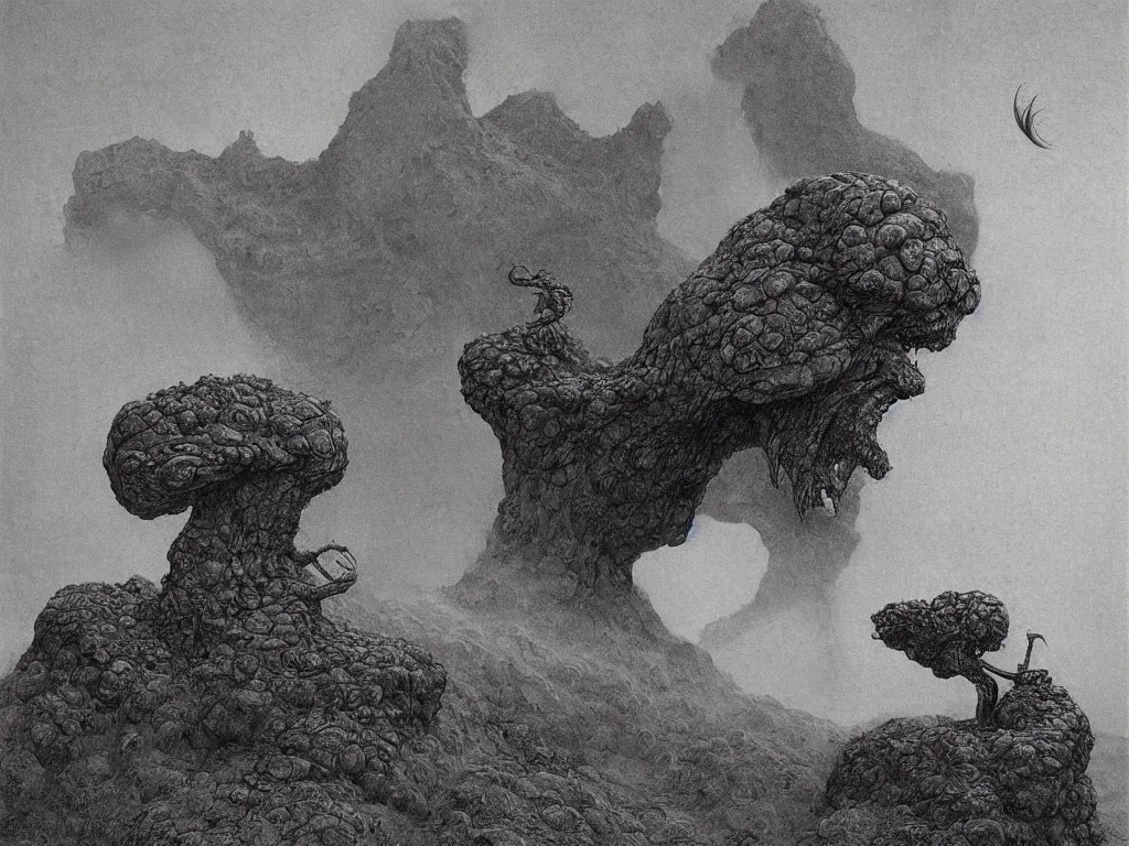 Prompt: Blazing primitive, thick-furred, bearded, evil man with giant reptilian plants on Jupiter a million years ago. Giant wind sculpted marbled boulders, menhirs, fog, spores. Artwork by Beksiński, Lucas Cranach, Moebius