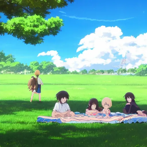 Image similar to Anime of an happy family with two boys of 10 years old and 5 years old, in Vincennes parc having a pic nic, beautiful weather, peaceful cloud, by Makoto Shinkai