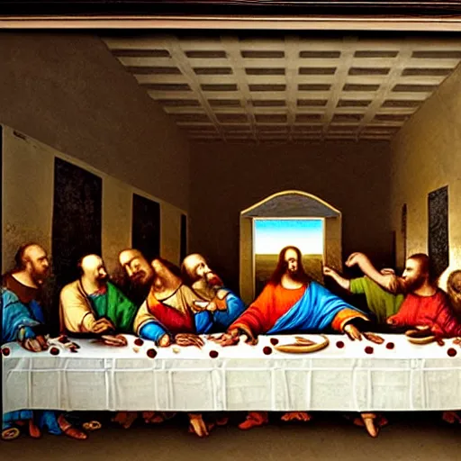 Image similar to a splay-paint graffiti art of The Last Supper by Da Vinci