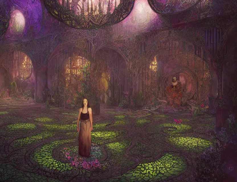 Prompt: a woman standing in a lovecraftian eldritch persian palace garden. this airbrush painting by the award - winning concept artist has dramatic lighting, an interesting color scheme and great sense of depth.