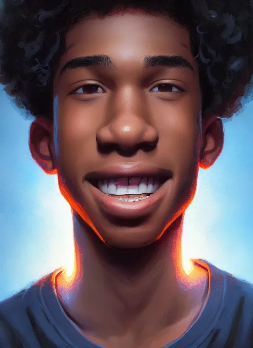 Prompt: portrait of teenage chuck clayton, black teenage boy, very short curly hair, very short hair, square jaw, slight excited smile, reading archie comic book, intricate, elegant, glowing lights, highly detailed, digital painting, artstation, concept art, smooth, sharp focus, illustration, art by wlop, mars ravelo and greg rutkowski