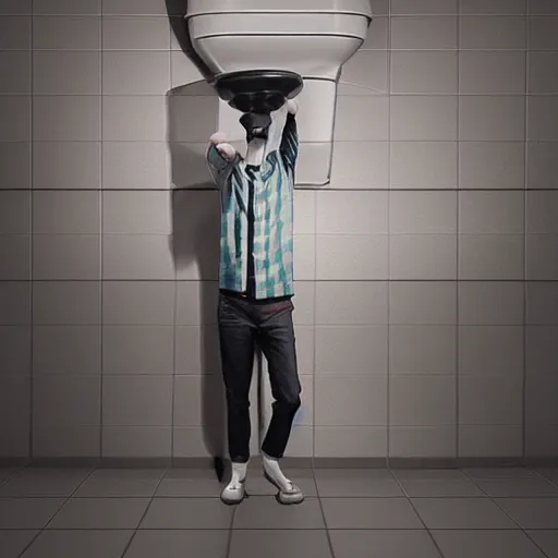 Image similar to photograph of a man with a urinal head begging for food, 8k resoloution, high detail, ULTRA REALISTIC VFX, reflections