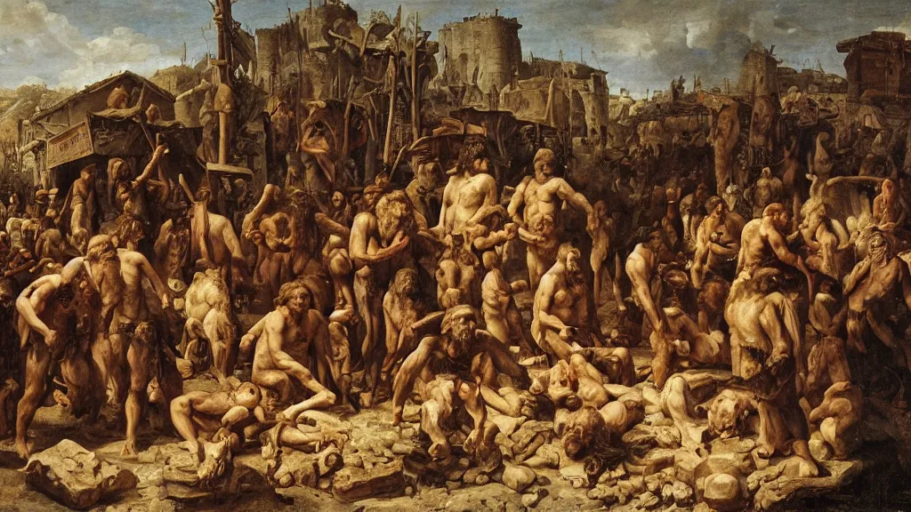 Prompt: neanderthal market, italian renaissance