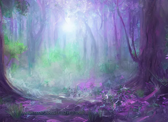 Image similar to ethereal crystals in a fantasy forest, digital painting