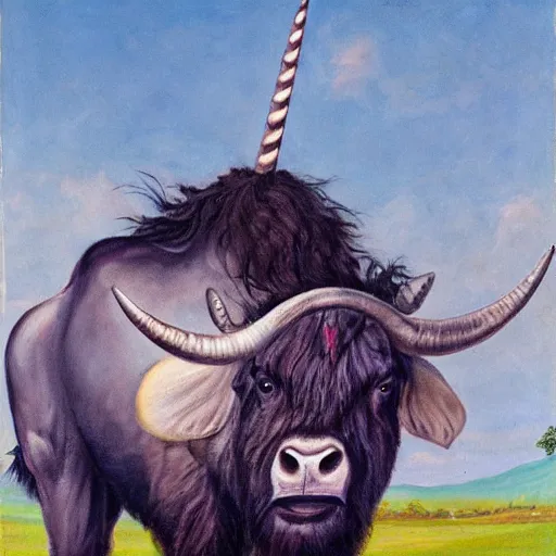 Prompt: A Buffalo with a unicorn horn emerging from its head, painting