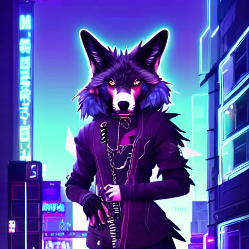 Image similar to beautiful furry digital art portrait commission of an androgynous furry anthro wolf fursona wearing punk clothes in the streets of a cyberpunk city. neon signs. character design by charlie bowater, ross tran, artgerm, and makoto shinkai, detailed, inked