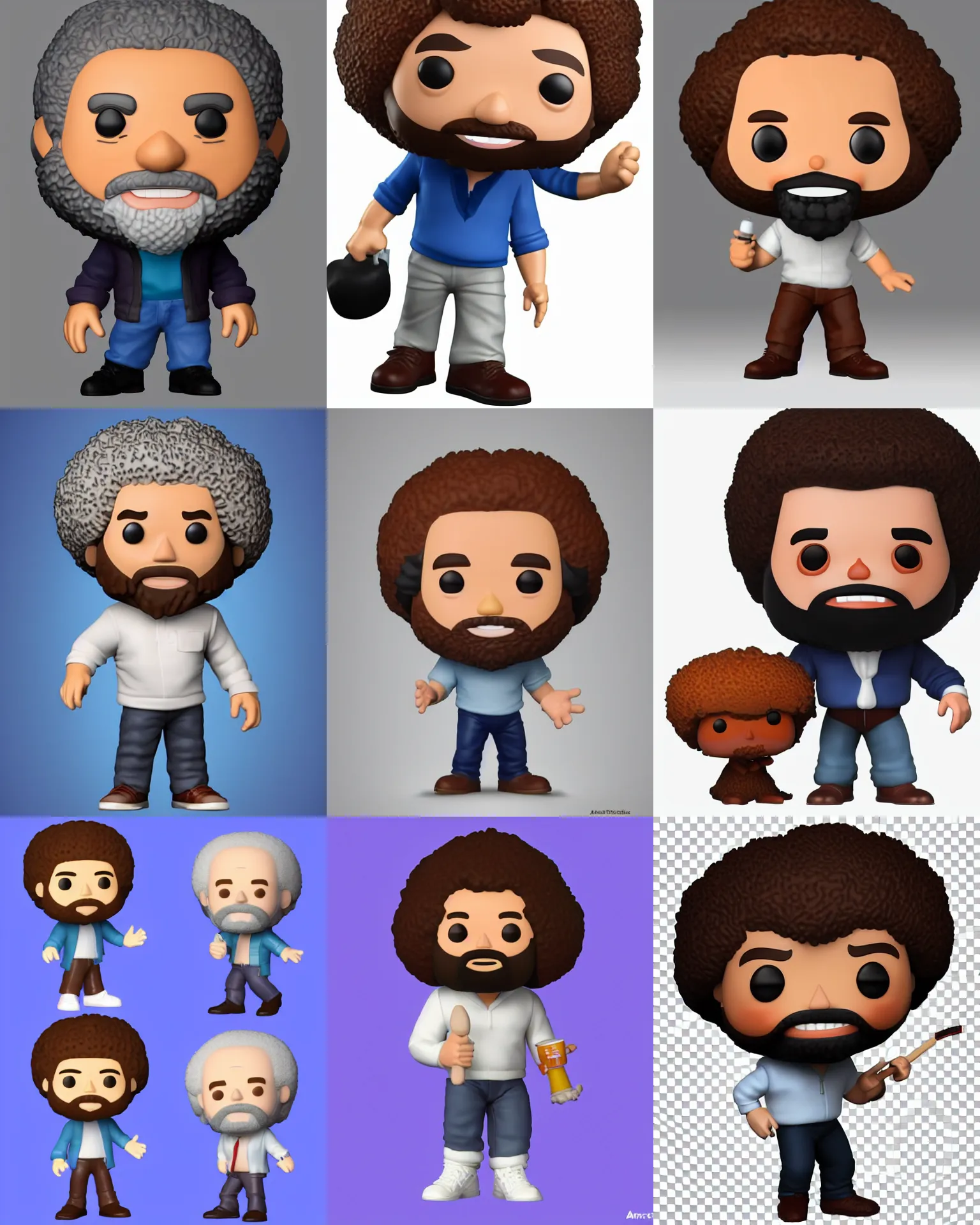 Prompt: full body 3d render of Bob Ross as a funko pop, Chibi, studio lighting, white background, blender, trending on artstation, 8k, highly detailed