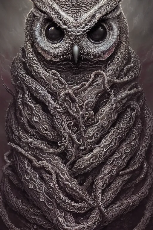 Image similar to realistic portrait of beautifully crystalized and detailed portrait of a eyeless owl, tentacles, tendrils, eldritch, matte painting of cinematic movie scene red dragon, horror, created by gustave dore and greg rutkowski, high detailed, smooth draw, synthwave neon retro, intricate, realistic proportions, dramatic lighting, trending on artstation.