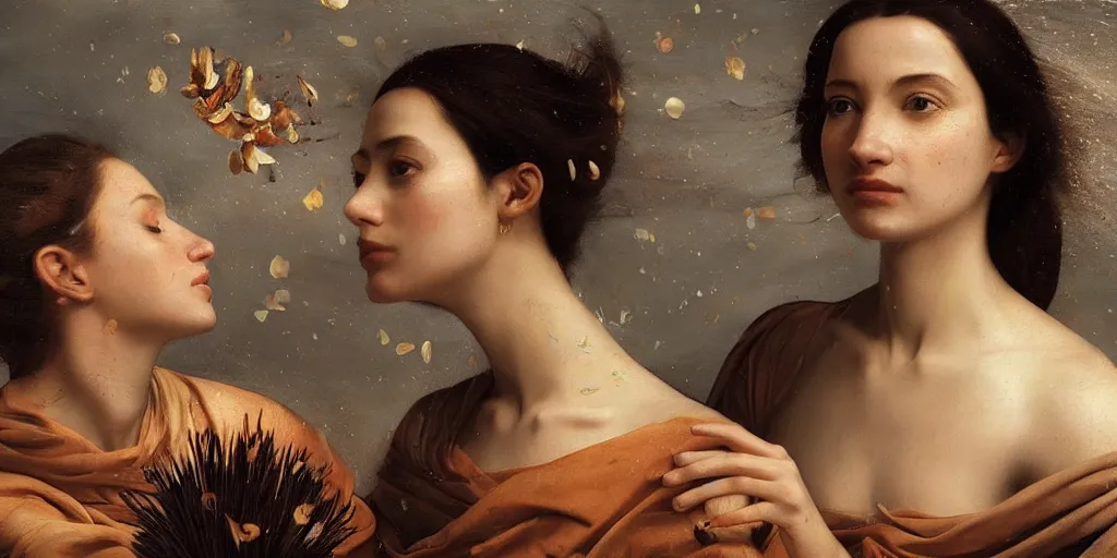 Image similar to beautiful oil matte portrait painting, women caught in a flower petal rain at the sahara desert, wonderful masterpiece highly detailed, beautiful cinematic light deep focus, elegant, digital painting, smooth, sharp focus, golden ratio, dramatic illumination, ultra realistic, 8 k, art by artemisia lomi gentileschi and caravaggio