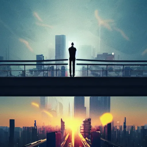 Image similar to a man standing on top of a bridge over a city, cyberpunk art by vincent lefevre, behance contest winner, altermodern, cityscape, synthwave, matte painting