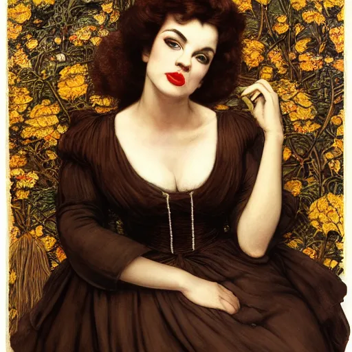 Image similar to hybrid of judy garland and lady gaga, brown fringe, large beautiful facial features, huge downslanted eyes, big cheeks, large full lips, full body medium shot, reclining bed cool stylish, yellow ochre ornate medieval dress, john william waterhouse, kilian eng, rosetti, john everett millais, william holman hunt, william morris, 4 k