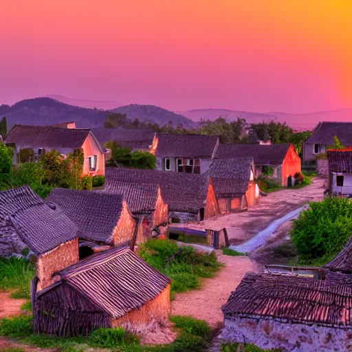 Prompt: village at sunset, HD, 8K