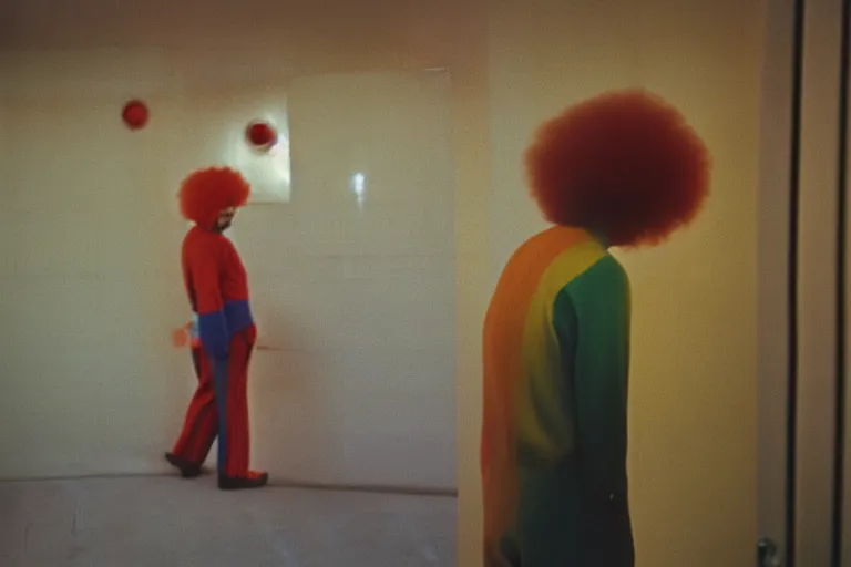 Prompt: close-up color film photography 1970s, sad clown stands in public bathroom, soft light, 35mm, film photo, Joel Meyerowitz