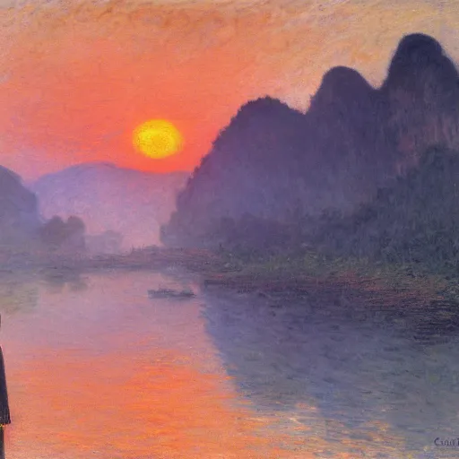 Prompt: a young man in guilin, by caspar david friedrich, by claude monet, mist, sunrise