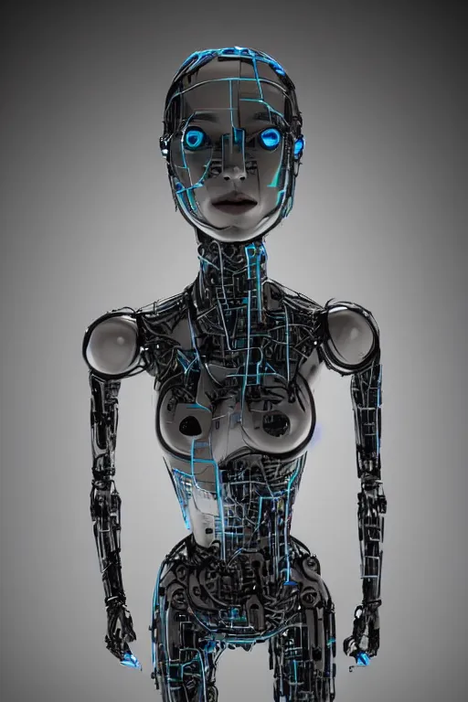 Prompt: robot with human face, female head, woman human face, human face realistic, human head, cyborg frame concept, cyborg by ales-kotnik, sci-fi android female, full body photo, wire body, body made of wires, full body