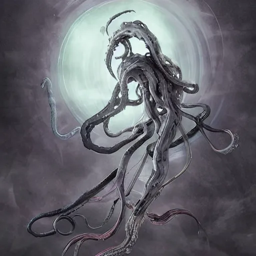 Image similar to an anime art piece by yuji ikehata and satoshi kon, of an ethereal ghostly wraith like figure with a squid like parasite latched onto its head and long tentacle arms that flow lazily but gracefully at its sides like a cloak, for a new resident evil village anime, with inspiration from bloodborne