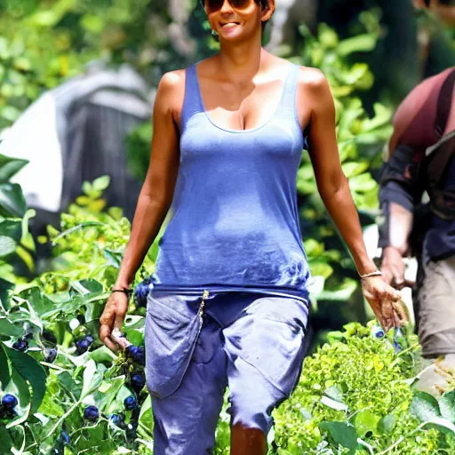 Prompt: halle berry surrounded by tons of blueberries