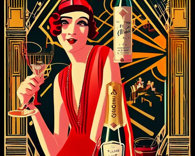 Image similar to 1 9 2 0 s teenager in art deco style, champagne commercial, artstation, illustration, bright, cheerful, detailed and intricate environment