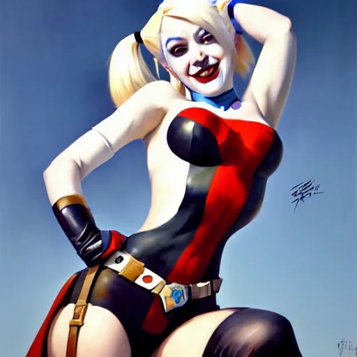 Image similar to Greg Manchess portrait painting of Harley Quinn as Overwatch character, medium shot, asymmetrical, profile picture, Organic Painting, sunny day, Matte Painting, bold shapes, hard edges, street art, trending on artstation, by Huang Guangjian and Gil Elvgren and Sachin Teng