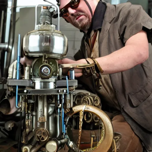 Prompt: steampunk industrialist working on a motor and feeling eureka