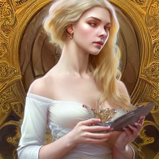 Image similar to ultra realistic illustration, a hot and beautiful blonde slavic woman in her 3 0's, intricate, elegant, highly detailed, digital painting, artstation, concept art, smooth, sharp focus, illustration, art by artgerm and greg rutkowski and alphonse mucha