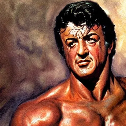 Image similar to stallone goddess perfect face coherent by frank frazetta