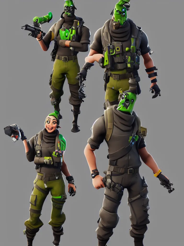 Image similar to fortnite character, anthropomorphic pickle, kind eyes and a derpy smile. flak jacket, ammo bandolier, cargo pants, black combat boots. fortnite style, unreal engine