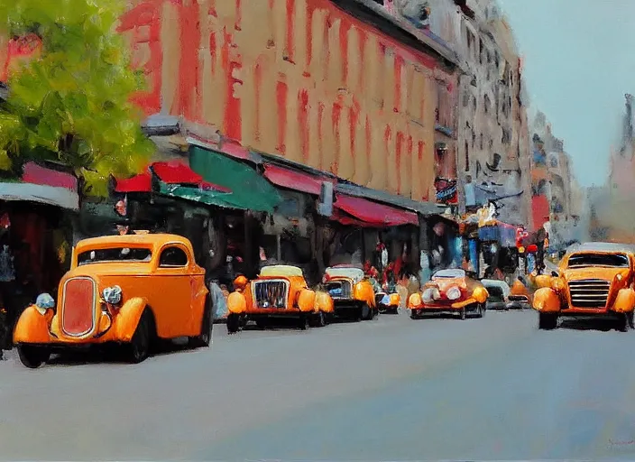 Image similar to hotrods driving down a street , vintage, highly detailed, by Antoine blanchard