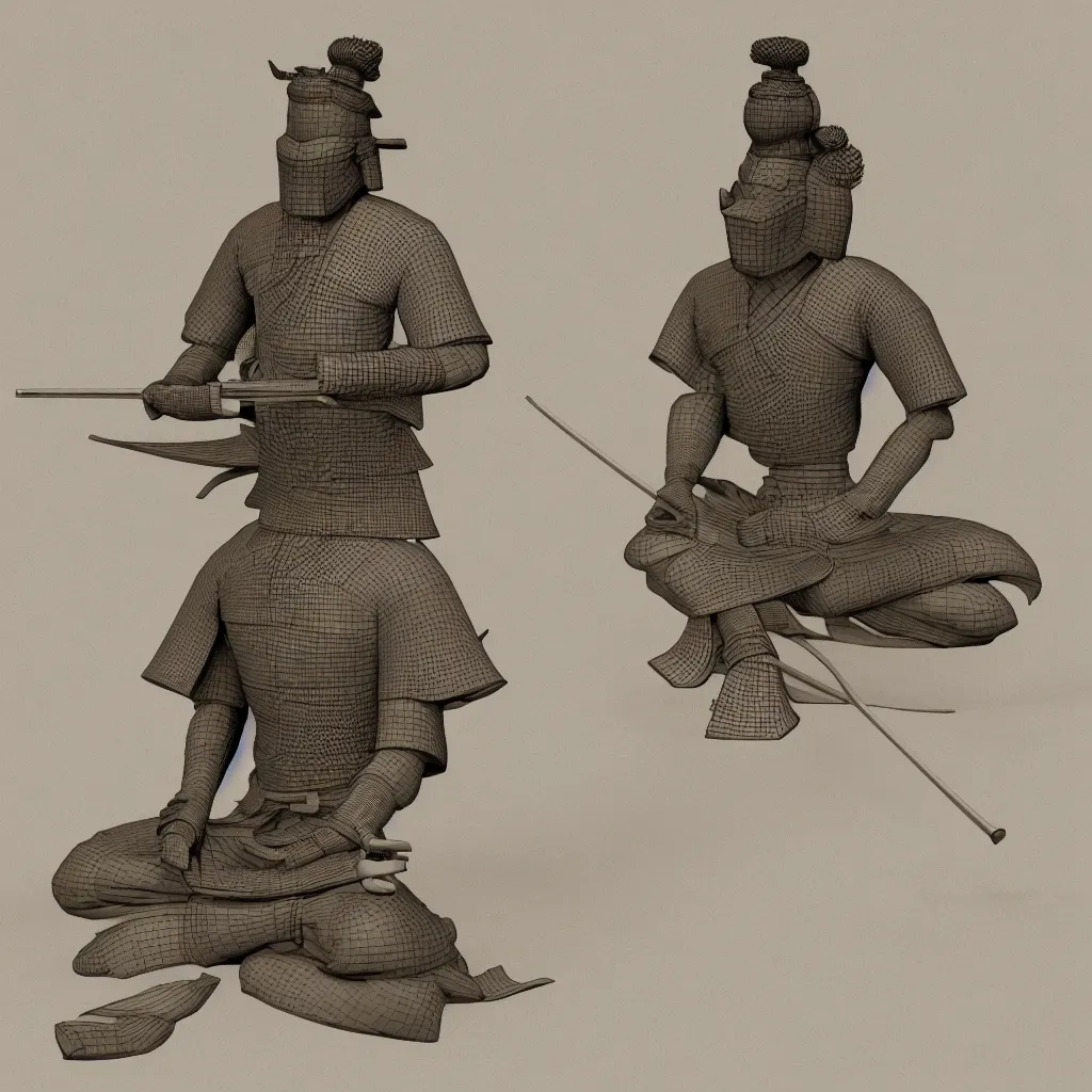 Image similar to 3 d model of a beautiful meditating samurai, comic art