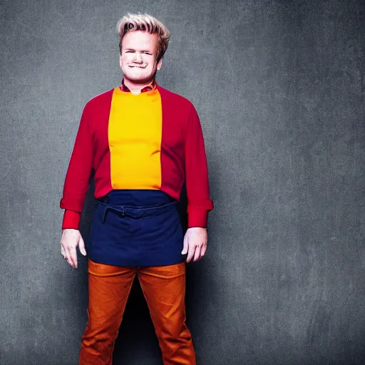 Prompt: symmetrical, full body portrait of Gordon Ramsey, very happy, studio lighting, depth of field, photography, hyper colors, highly detailed