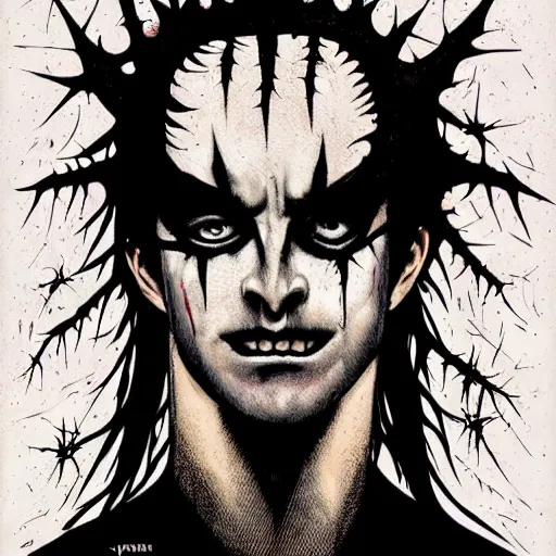 Prompt: detailed print of man wearing corpse paint and a crown on thorns with long black hair, tears of blood. Wide shot at night. Artwork by Junji Ito and dan Mumford