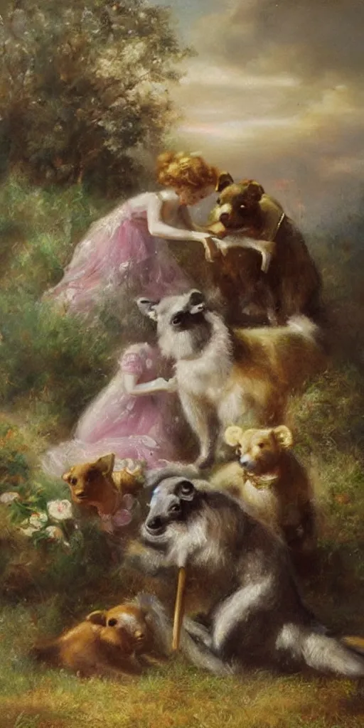 Image similar to Highly detailed and cinematic romantic period oil painting of some very cute plastic animals in pastel colors masterpiece by Josep Tapiró Baró