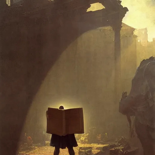 Prompt: half portait of magican wearing a cowl with big old book!, jeremy mann, jean leon gerome, tiepolo, alphonse mucha, greg rutkowski, face in the shadows, ( ( ruins of ancient rome ) ), at dusk, mysterious atmosphere, sunrays, dof, masterpiece, high detailed, 8 k