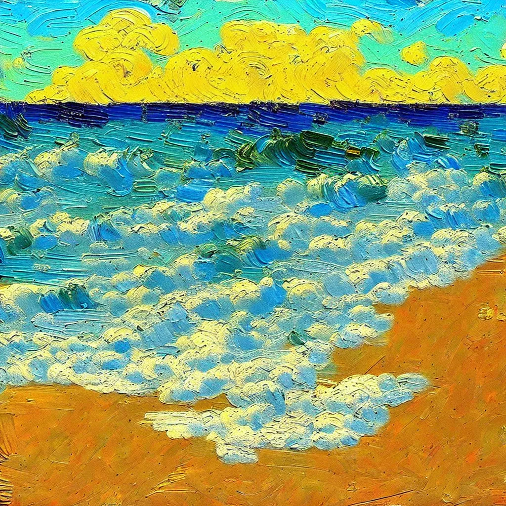 Prompt: beautiful Italian beach scene painted in a style of painting similar to Van Gogh but more impasto and less hatching