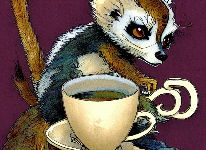 Image similar to an steampunk lemur having a cup of tea, muted colors, by rebecca guay, michael kaluta, charles vess and jean moebius giraud