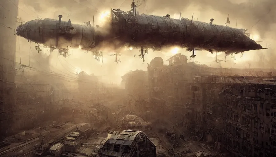 Prompt: Dieselpunk Norilsk city, zeppelin falling to the street and crushing buildings, people running away in terror, giant airships in the sky, aeroplane, steam, epic composition, intricate, elegant, volumetric lighting, digital painting, highly detailed, artstation, sharp focus, illustration, concept art, ruan jia, steve mccurry