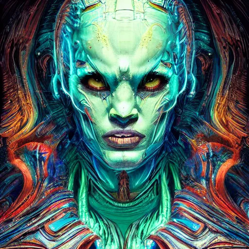 Prompt: ancient neon monster portrait, intricate artwork by basil gogos josan gonzalez, artgerm, h. r. giger, kilian eng, very coherent artwork, cinematic, hyper realism, vibrant, octane render, unreal engine, 8 k, high contrast, higly detailed black ink outline, super high definition,