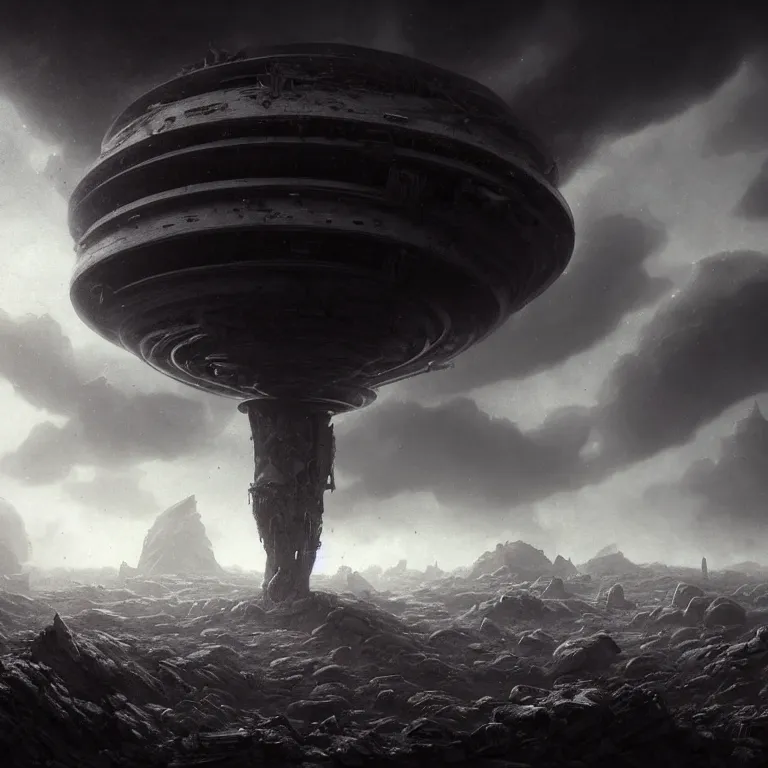 Prompt: landscape abandoned alien structure on exoplanet, wrecked technology, dark clouds, surreal abandoned buildings, dream-like heavy atmosphere, baroque painting, beautiful detailed intricate insanely detailed octane render trending on Artstation, 8K artistic photography, photorealistic, dramatic volumetric cinematic light, chiaroscuro, award-winning photograph, masterpiece, Raphael, Caravaggio, Beksinski, Giger