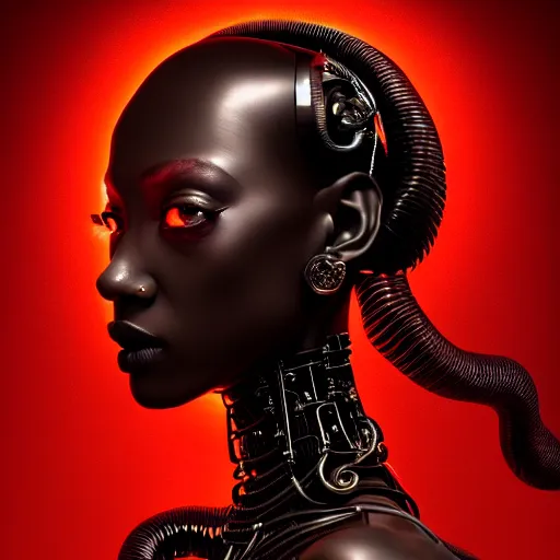 Image similar to portrait of an absurdly beautiful, graceful, sophisticated, fashionable black cyberpunk mechanoid gravure idol, hyperdetailed illustration by irakli nadar, matt wisniewski style, intricate linework, dark black porcelain skin, jellyfish headdress, brown eyes, unreal engine 5 highly rendered, red light, detailed and intricate environment