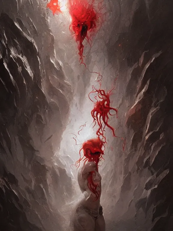 Image similar to painting by greg rutkowski a flying human head with tears running down it's face face that is chalk white in color, with long white!! tentacles!! stemming from it's neck, fiery scorching red eyes, flying in a terrying hellish dark cavernous place