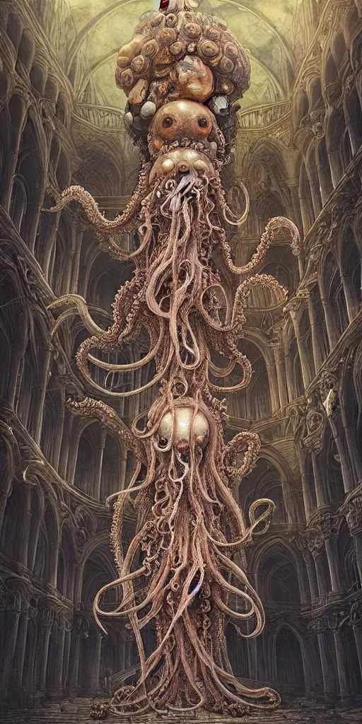 Image similar to group of mankind mages with octopus heads with jellyfish inside an ancient mage castle hall colossal scale, gothic and baroque, brutalist architecture, ultradetailed, Intricate by Ellen Jewett and Josan Gonzalez and Giuseppe Arcimboldo