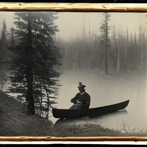 Prompt: hunter sitting in a canoe on the river, deep in the wilderness early in the misty morning in late winter or early spring, boreal forest, 19th century, tintype