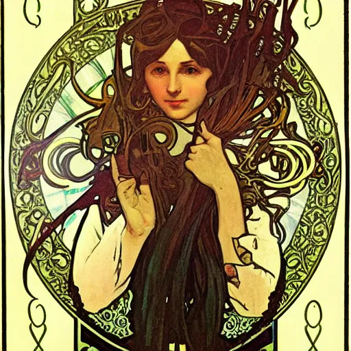 Image similar to lovecraftian protagonist by alphonse mucha