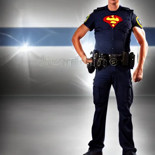 Prompt: A police officer superhero hybrid, posing heroically, stock image