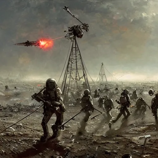 Image similar to war of the worlds, martian tripods attack london, human soldiers try to counter - attack, intense fighting, dital painting, very detailed, art by jakub rozalski