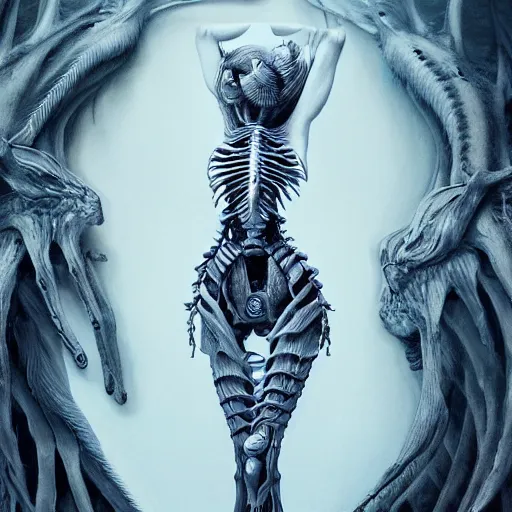 Image similar to ! dream hyperrealistic photography of a highly detailed and symmetrical gorgeous cyborg female, rib cage, in the style of beth cavener, jin kagetsu, james jean and wlop, highly detailed, face symmetry, masterpiece, award - winning, sharp focus, intricate concept art, ambient lighting, 8 k, artstation