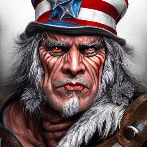 Image similar to portrait of a uncle sam barbarian, muscular, wild, upper body, d & d, fantasy, intricate, cinematic lighting, highly detailed, digital painting, artstation, concept art, smooth, sharp focus, illustration, art by hajime sorayama