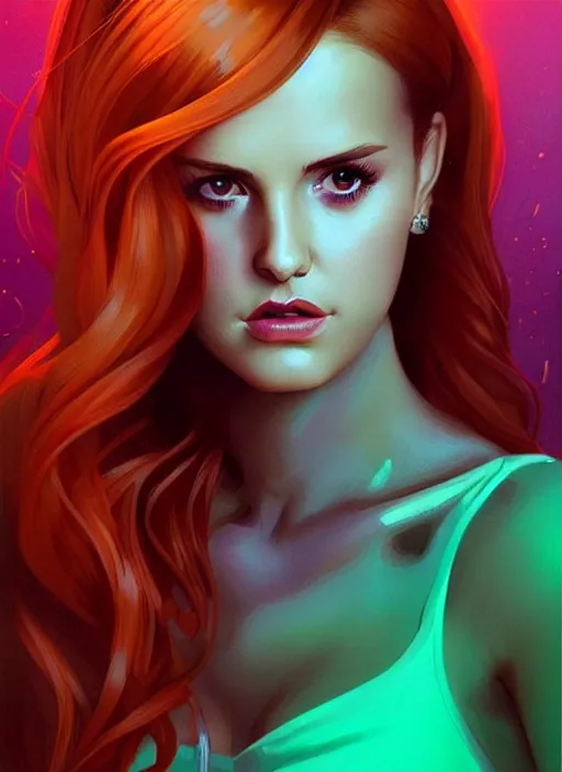 Image similar to full body portrait of teenage cheryl blossom, bangs, green eyes, mischievous expression, red hair, sultry smirk, bangs and wavy hair, intricate, elegant, glowing lights, highly detailed, digital painting, artstation, concept art, smooth, sharp focus, illustration, art by wlop, mars ravelo and greg rutkowski